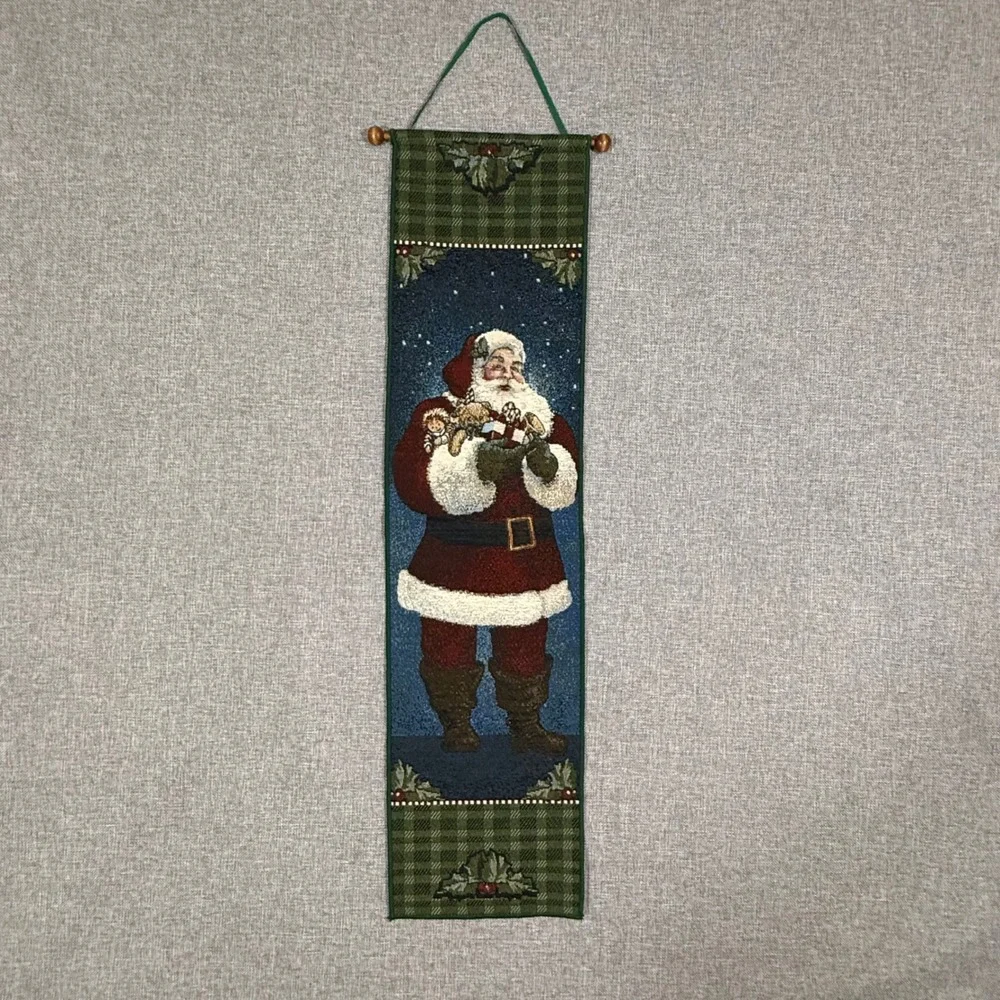 VTG American Weavers Santa Wall Hanging Decor Green Red Woven Tapestry 1998
